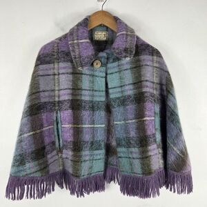 Vintage Andrew Stewart Mohair Wool Plaid Fringe Button Up Cropped Poncho Cape